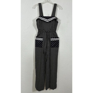 Vintage Young Edwardian Jumpsuit Womens XS/S Black Polka Dot Sleeveless Pockets